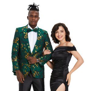 Elegant Men's Hunter Green Tazio Vested Paisley Floral Slim Fit Tuxedo - 1 Button main image 1